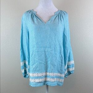 Lauren Ralph Lauren Blue 3/4 Sleeve Laced Blouse 100% Linen Size Small